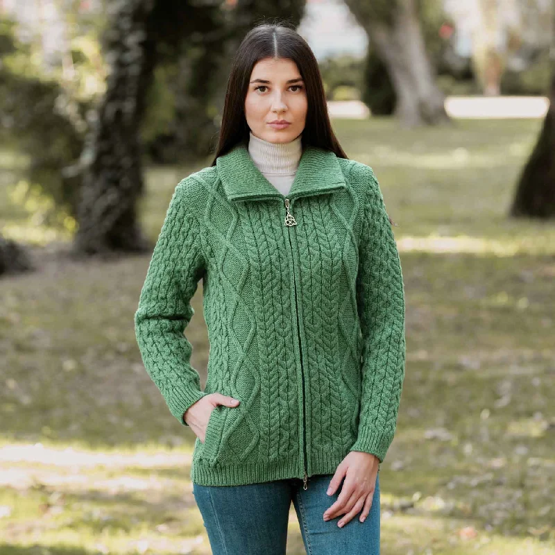 Women's Aran Knit Cable Bomber Jacket, Green One-Shoulder Jacket Off-the-Shoulder Jacket Asymmetrical Jacket