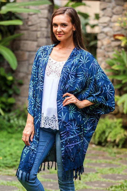 Denpasar Lady in Blue Leaf Motif Batik Rayon Kimono Jacket in Blue from Bali Embroidered Jacket Appliqued Jacket Beaded Jacket