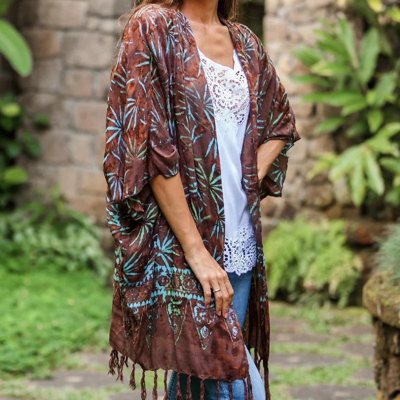 Denpasar Lady in Brown Leaf Motif Batik Rayon Kimono Jacket in Brown from Bali Hoodie Zip-Up Jacket Button-Up Jacket