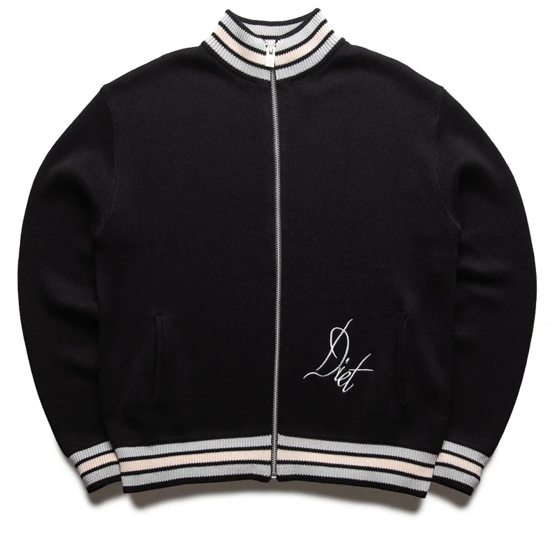 Diet Starts Monday Knitted Script Full Zip Varsity Jacket - Black A-Line Jacket Boat Neck Shawl Collar