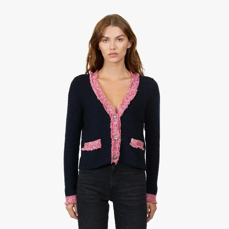 Fringed Trimmed V-Neck Jacket in Navy Blue Combo Snapped Jacket Toggled Jacket Drawstring Jacket