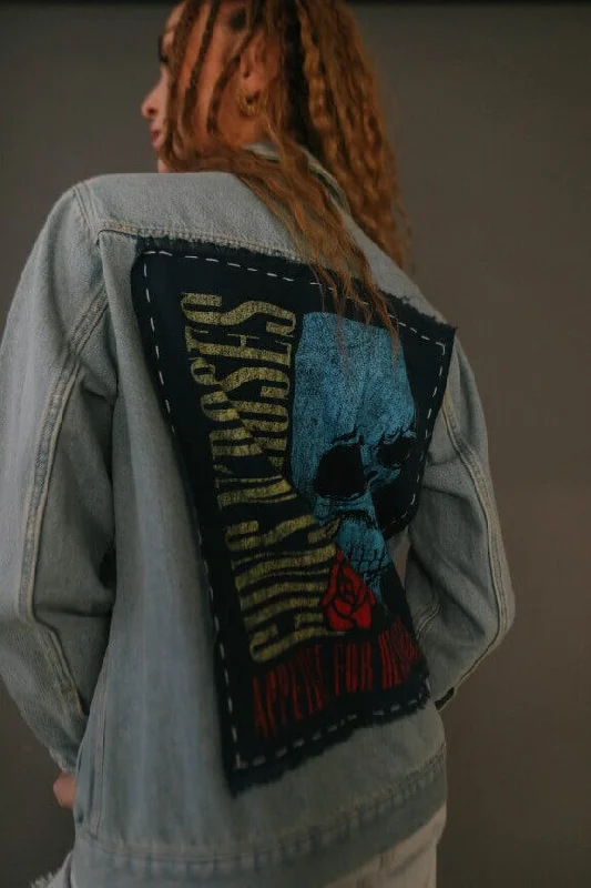 Guns N Roses Flower Skull Hand Stitched Denim Jacket Welt Pockets Slit Pockets Flap Pockets