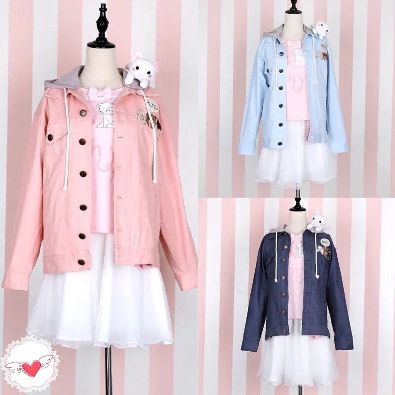 Harajuku cute little animal embroidery hooded cowboy jacket YV1507 Zippered Front Buttoned Front Snap Front