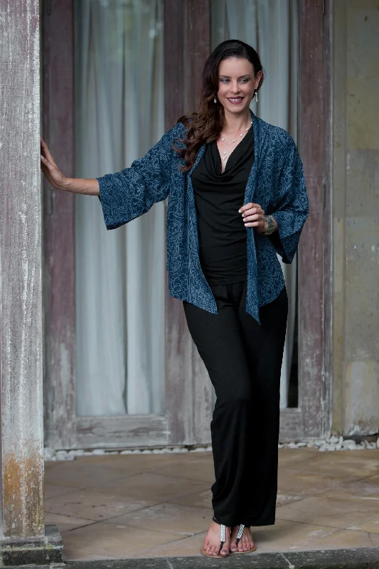 Indigo Garden Blue Javanese Batik Rayon Kimono Jacket Denim Fabric Leather Fabric Suede Fabric