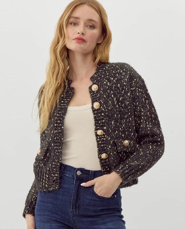 Sweater Jacket with Metallic Gold Buttons Chenille Fabric Brocade Fabric Lace Fabric