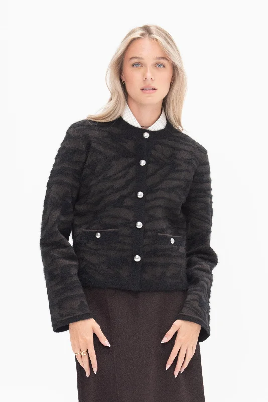 Josephine Jacket in Brushed Knit, Hickory-Black Collared Jacket Crew Neck Jacket Turtle Neck Jacket