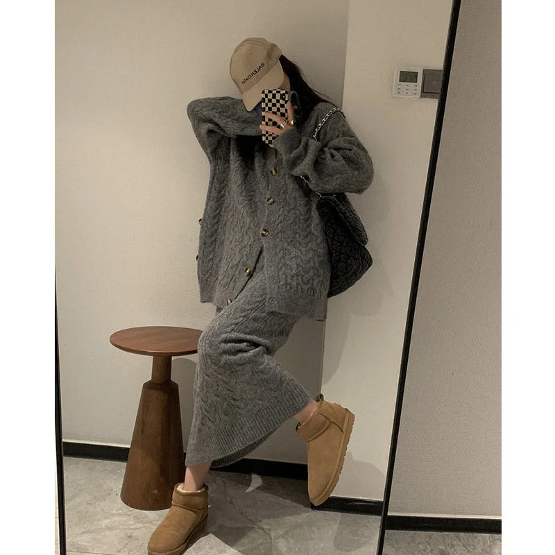 Large size fat mm knitted skirt suit two-piece autumn and winter loose lazy style sweater jacket high waist skirt suit Front Pockets Side Pockets Patch Pockets