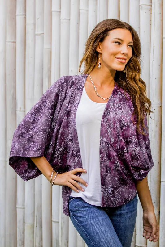 Lavish Garden in Boysenberry Purple Batik Short Rayon Kimono Jacket Front Pockets Side Pockets Patch Pockets