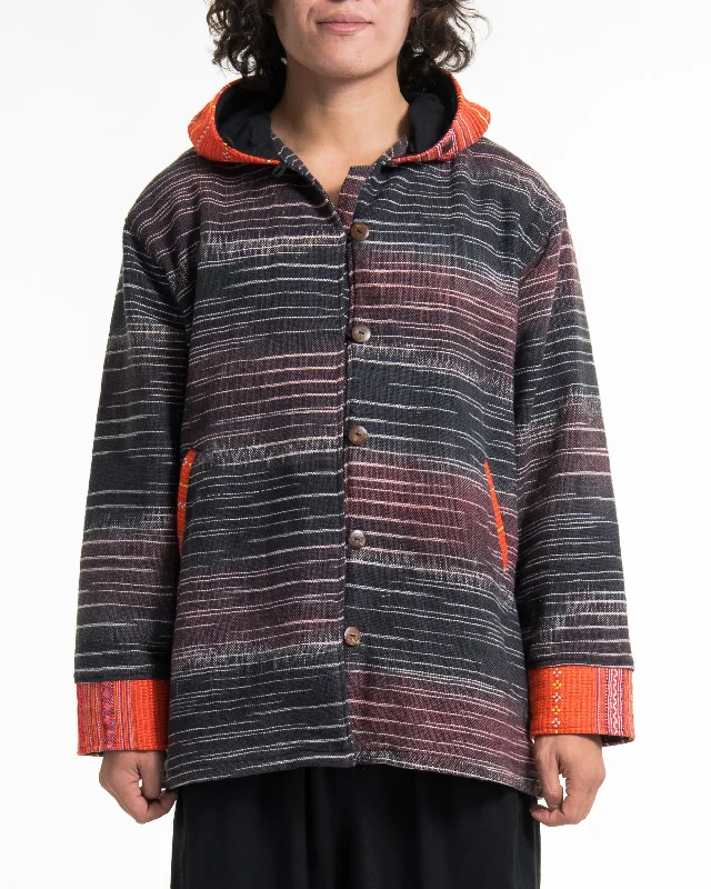 Light Hooded Button Hand-Woven Cotton Embroidered Jacket in Gray Cardigan Sweater Pullover