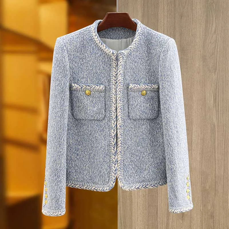 Luxury tweed autumn winter coat blue tweed woolen cloth jacket Print Jacket Jacquard Jacket Patchwork Jacket