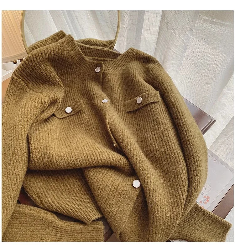 Round neck knitted cardigan for women design soft long-sleeved sweater jacket      S4914 Welt Pockets Slit Pockets Flap Pockets