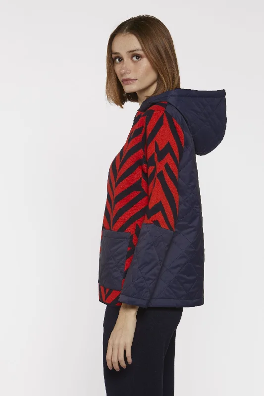 Navy and Orange Zig Zag Print Jacket with padded back and hood Wool Fabric Cashmere Fabric Tweed Fabric