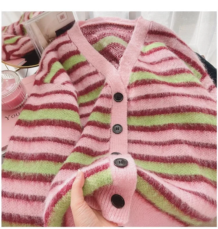 striped long-sleeved sweater jacket for women new soft knitted cardigan    S4919 Trench Coat Raincoat Waterproof Jacket