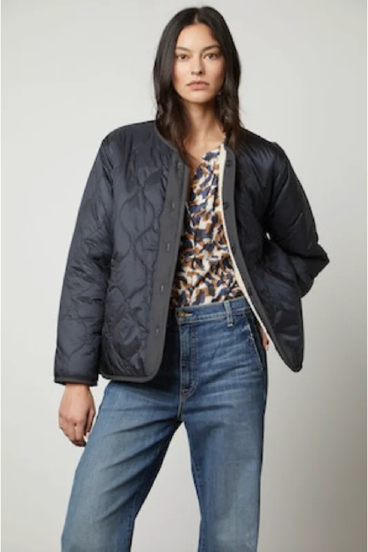 Velvet by Graham & Spencer Marissa 05 Quilted Sherpa Jacket | Navy Zippered Front Buttoned Front Snap Front