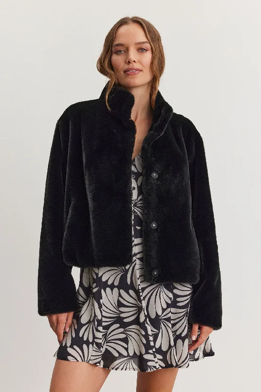 Velvet by Graham & Spencer Sheena 06 Faux Fur Jacket | Black Satin Jacket Silk Jacket Chiffon Jacket