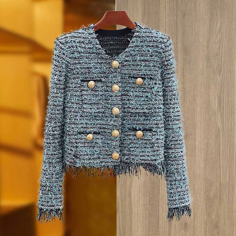 Women Tweed Blue Jacket With Fringe And Gold-tone Double-breasted Cardigan Jacket A-Line Jacket Boat Neck Shawl Collar