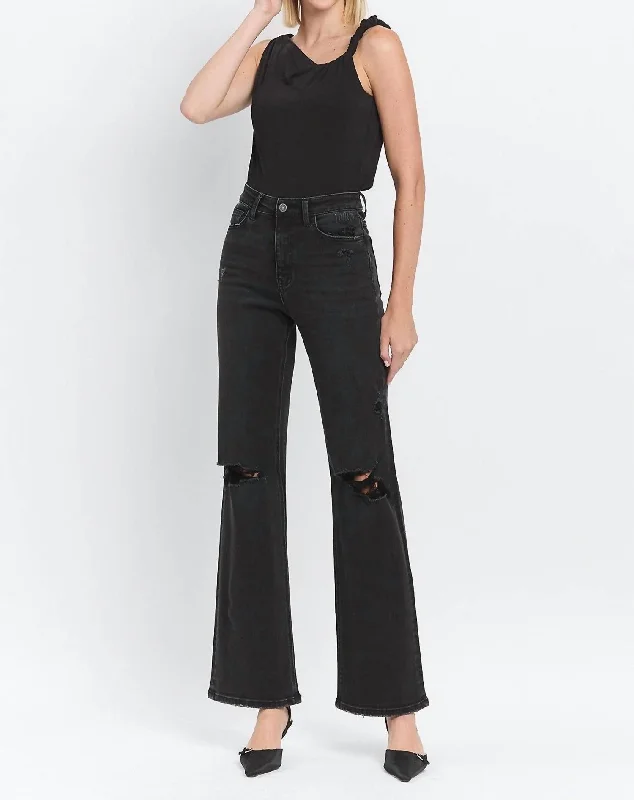 90's Vintage Flare Jeans In Black Comfortable Drawstring Waist Jeans