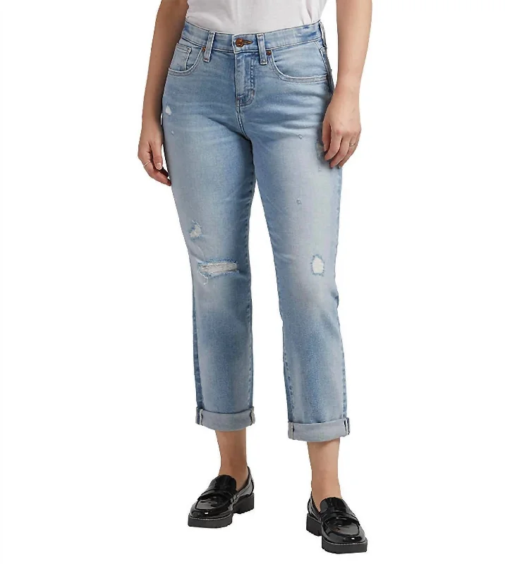 Carter Mid Rise Girlfriend Jean In Calm Blue Casual Distressed Denim Jeans