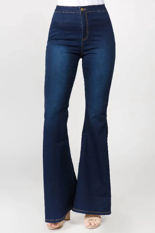 Chic Side Slit Flare Jeans In Dark Blue Trendy Classic Fit Jeans