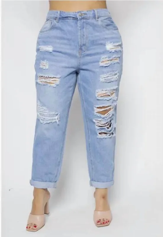 Distressed Elastic Mom Jeans - Plus In Light Wash Trendy Low-Rise Slim Jeans