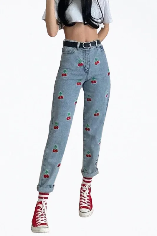 High-Rise Cherry-Embroidered Tapered Jeans In Light Blue Elegant Bootcut Fit Jeans