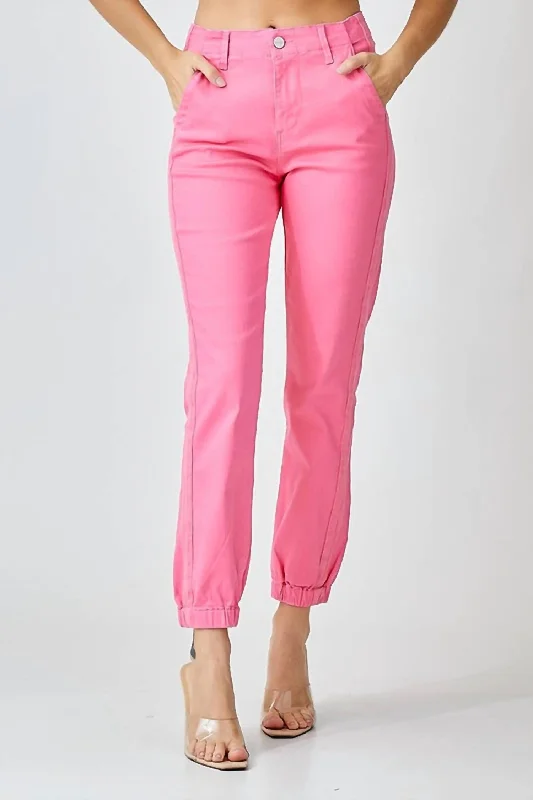 High Rise Jogger Jeans In Pink Casual Bootcut Ripped Jeans