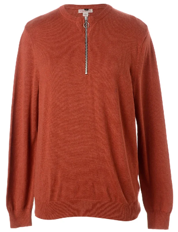 Label Brown Zip Front Knitted Jumper Spandex Blend Rayon Blend Denim Blend