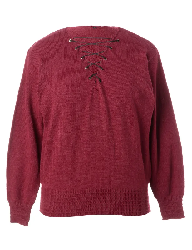 Label Burgundy Lace Up Jumper Satin Fabric Silk Fabric Chiffon Fabric