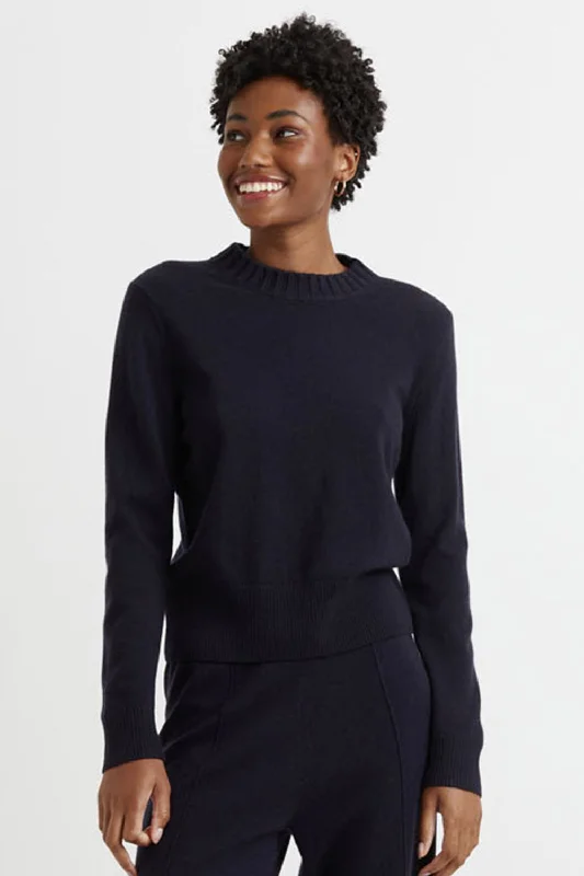 Navy Wool-Cashmere Cropped Sweater Oversized Loose Flowy