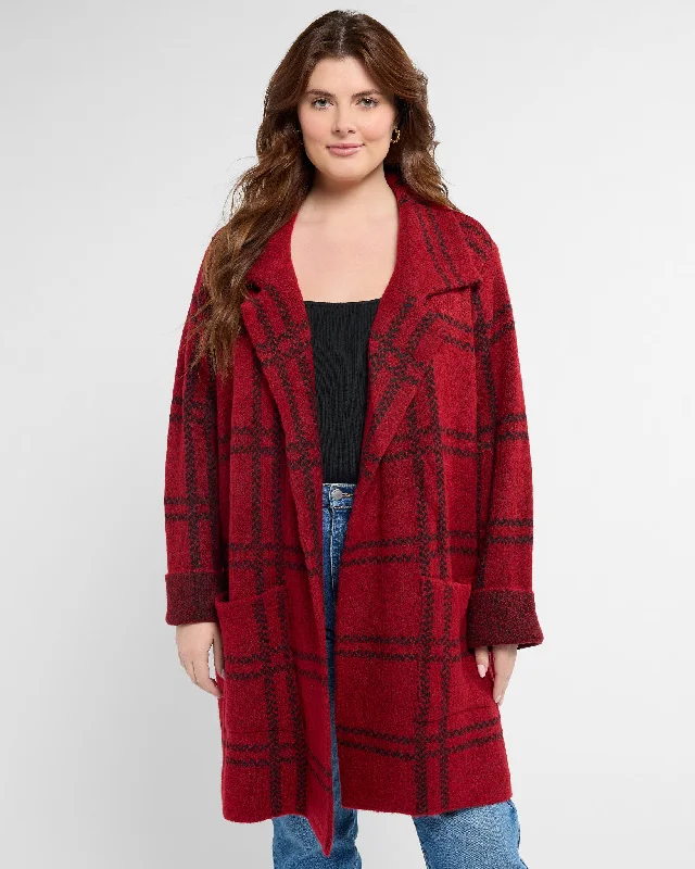 Plus Size Plaid Sweater Coatigan Toggled Drawstring Belted