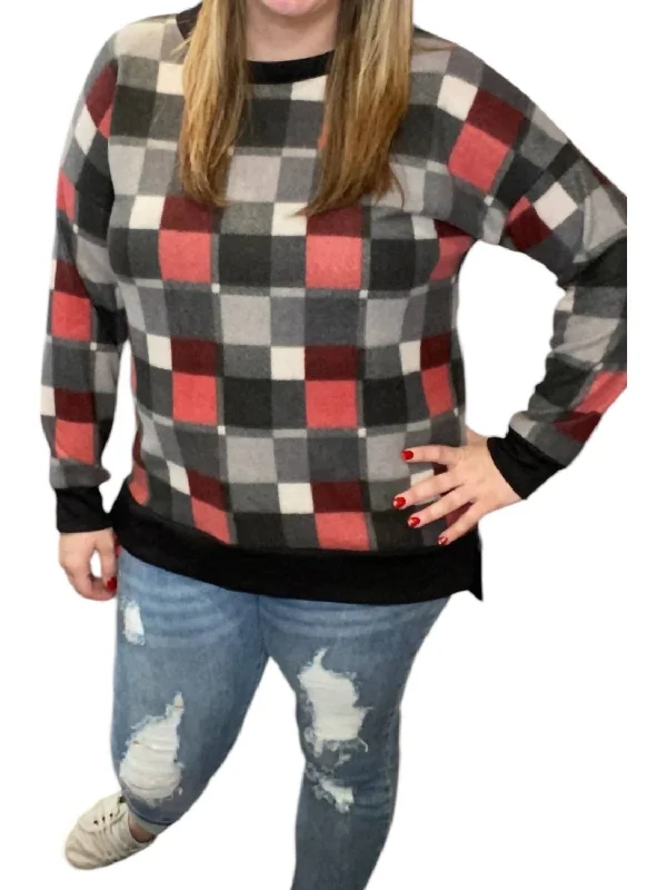Plaid Sweater In Red/grey Welt Pockets Slit Pockets Flap Pockets