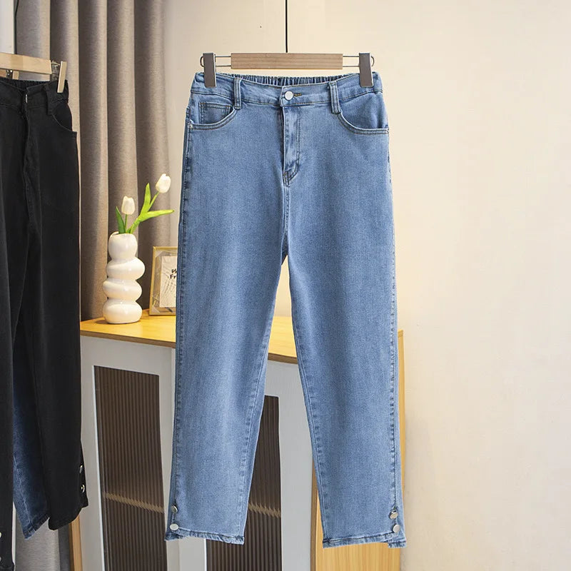 Plus Size Boyfriend Black Drainpipe Jeans For Women HIGH Waist Button Leg Opening Pants Chic Double Waistband Jeans