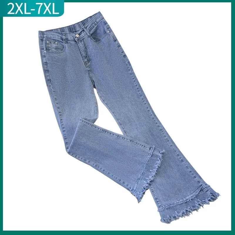 Plus Size Flared Y2K Jeans For Women Large Slim Elastic Cotton Blue Tassel Denim Comfortable Faded High-Rise Jeans Plus Size Flared Y2K Jeans For Women Large Slim Elastic Cotton Blue Tassel Denim Comfortable Faded High-Rise Jeans