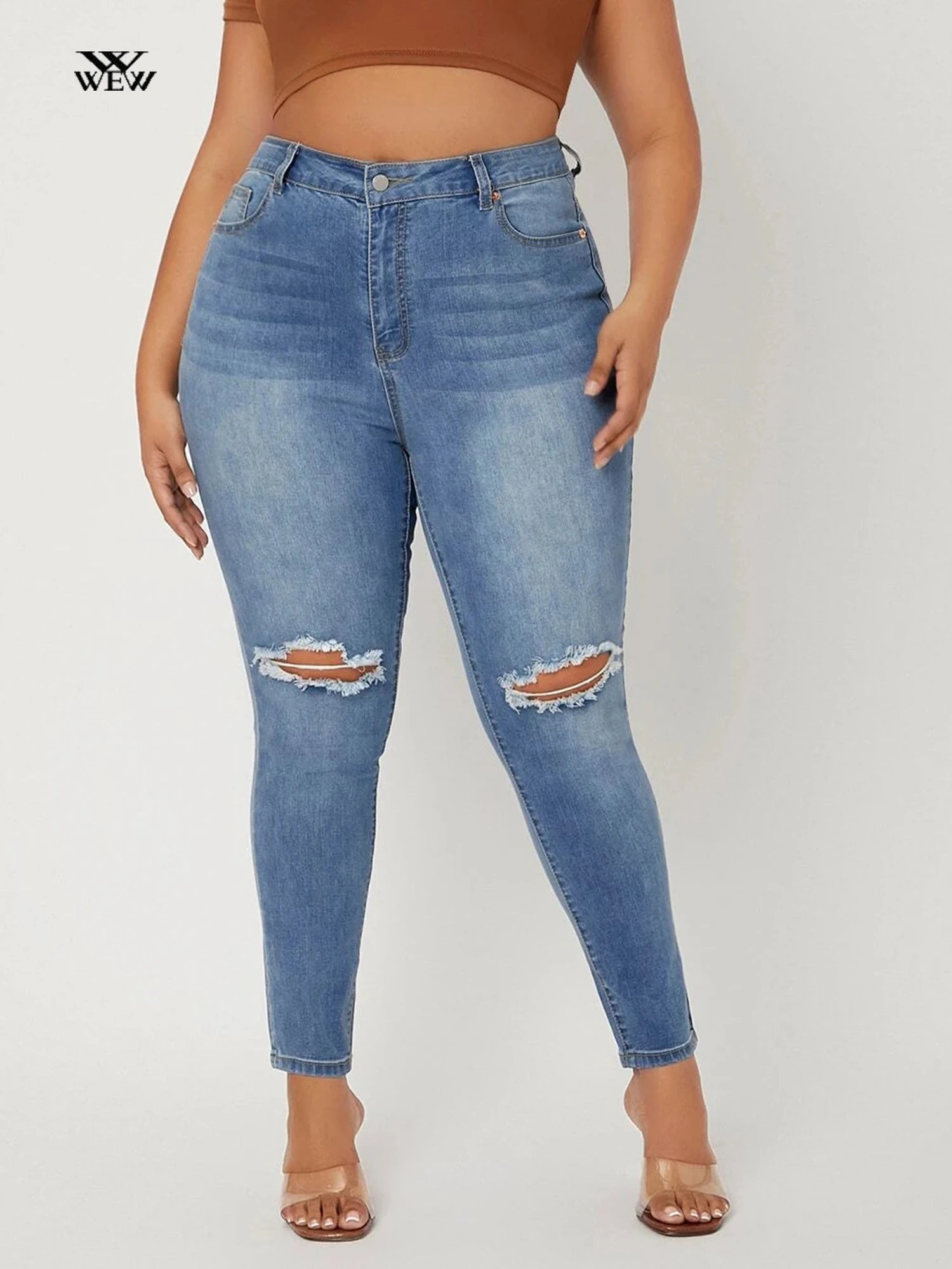 Plus Size Ripped Jeans for Women High Waist Stretchy Washing Hope Women Jeans Stylish Acid-Wash Jeans