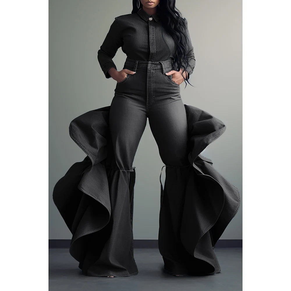 Plus Size Work Jeans Blue Denim High Waist Side Ruffles Flare Leg Jeans Classic Blue Denim Jeans Plus Size Work Jeans Blue Denim High Waist Side Ruffles Flare Leg Jeans Classic Blue Denim Jeans