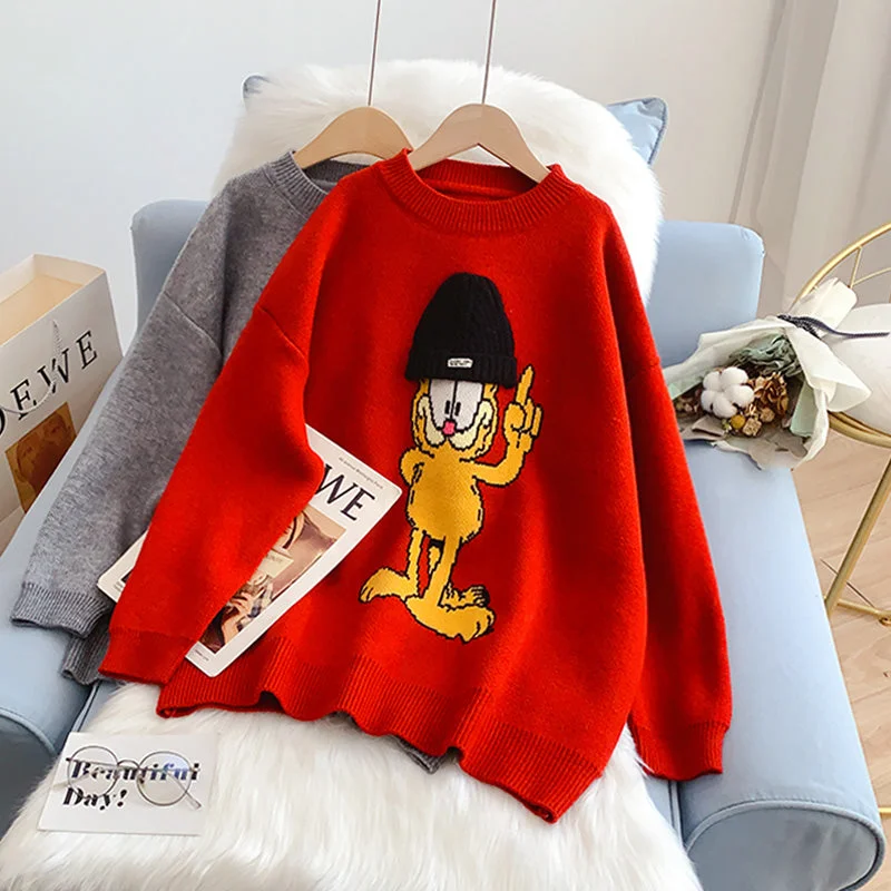 Red cute cartoon round neck sweater female  5142 Chenille Brocade Lace