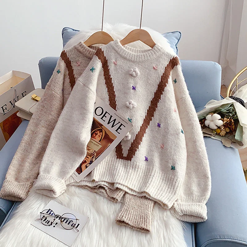 Small fresh and sweet sweater design sense sweater top 5140 Embroidered Appliqued Beaded Small fresh and sweet sweater design sense sweater top 5140 Embroidered Appliqued Beaded