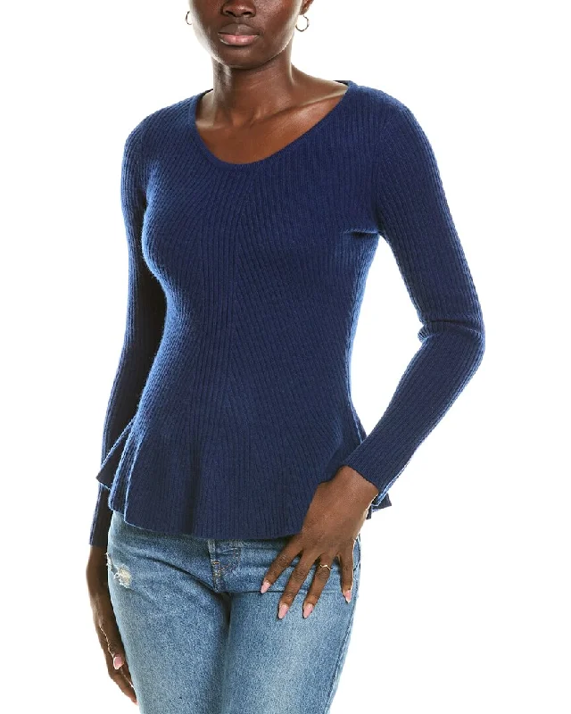 sofiacashmere Peplum Rib Scoop Neck Cashmere Sweater Denim Fabric Leather Fabric Suede Fabric sofiacashmere Peplum Rib Scoop Neck Cashmere Sweater Denim Fabric Leather Fabric Suede Fabric