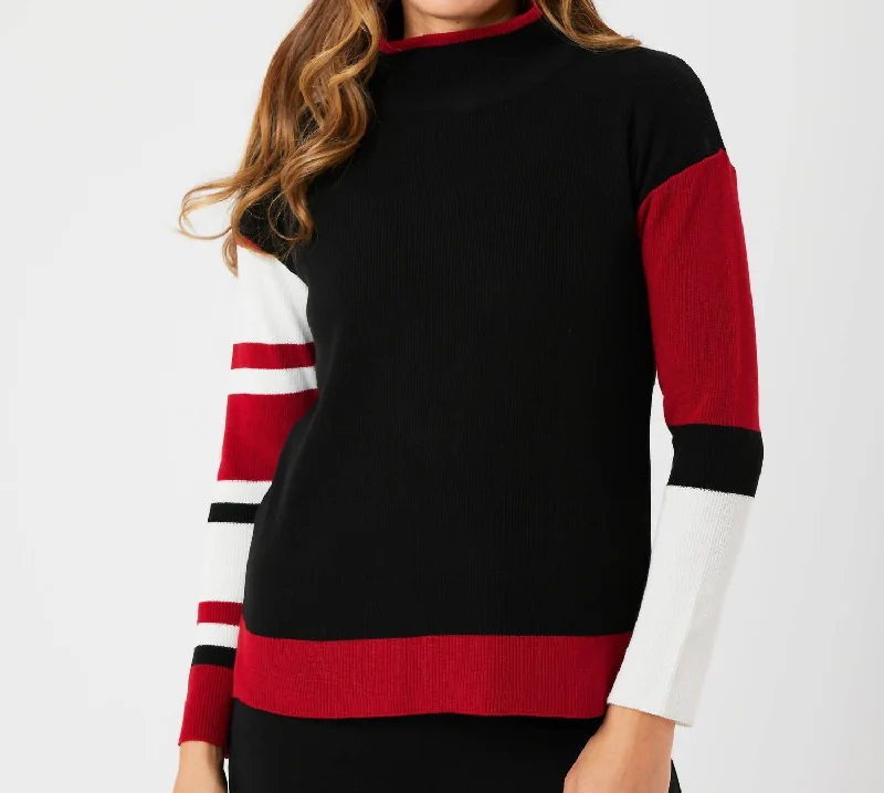 Stripe Sleeve Mock Neck Sweater In Black/red Chenille Fabric Brocade Fabric Lace Fabric Stripe Sleeve Mock Neck Sweater In Black/red Chenille Fabric Brocade Fabric Lace Fabric