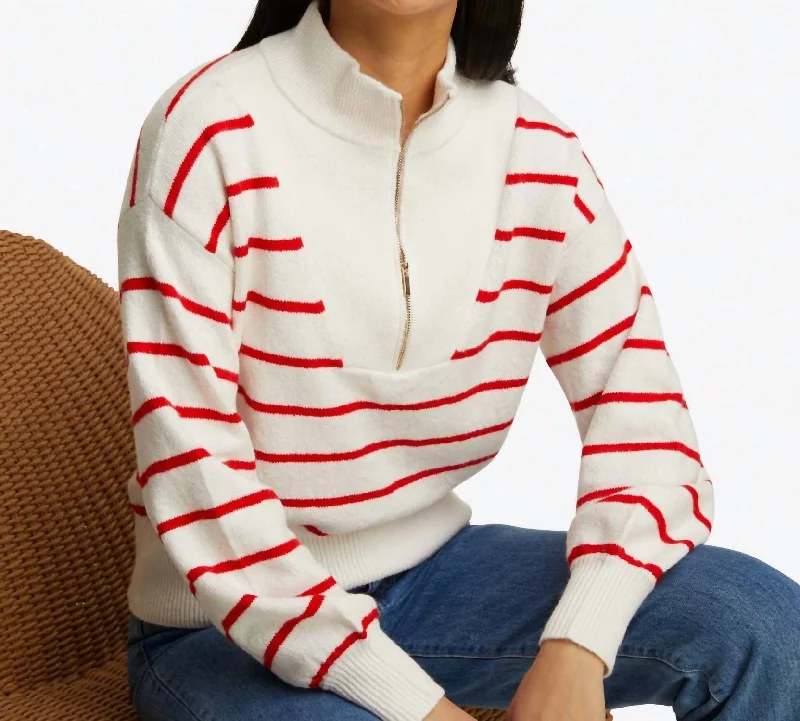 Striped Zip Up Sweater In Red And White Stripe Velvet Chenille Corduroy