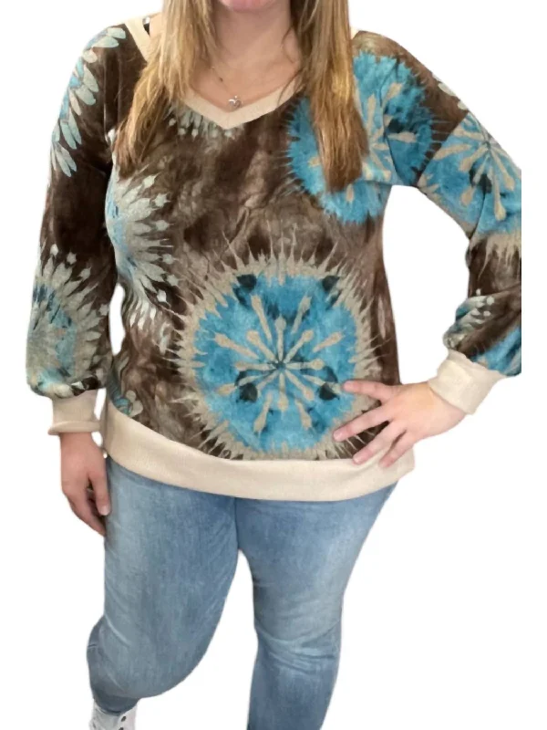 V-Neck Sweater In Mocha/turquoise Hooded Caped Shawl Collar