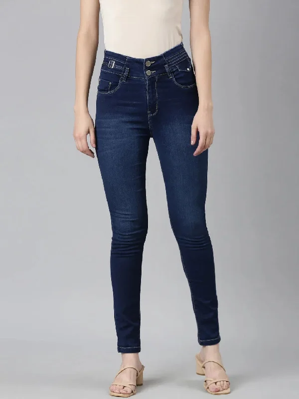 Women Navy Blue Solid Skinny Fit Denim Jeans-LT-22946-Navyblue Fashionable Raw Hemmed Jeans