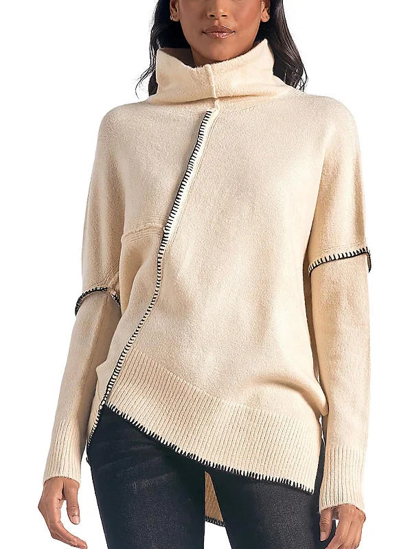 Womens Asymmetric Whipstitch Pullover Sweater Glossy Satin Silk