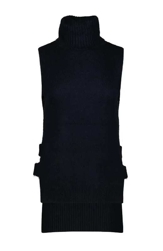 Women's Frankie Sleeveless Turtleneck Sweater In Navy Fleece Fabric Down Fabric Feather Fabric Women's Frankie Sleeveless Turtleneck Sweater In Navy Fleece Fabric Down Fabric Feather Fabric