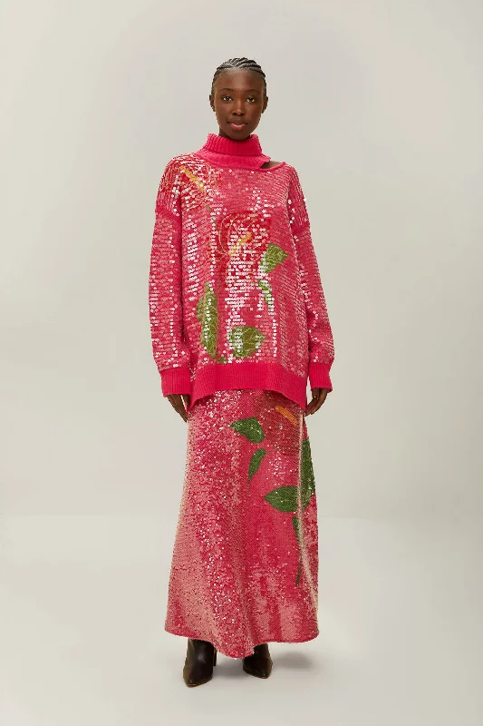 Pink Anthurium Flowers Sequins Midi Skirt leather skirt bold