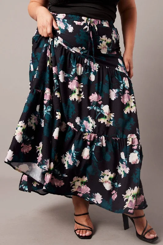 Black Floral Maxi Skirt Elastic Waist Tiered relaxed fit skirt