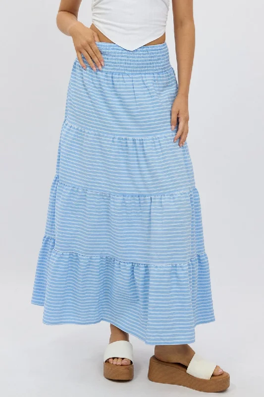 Blue Stripe Maxi Skirt Shirred Waist Tiered Relaxed Fit floral skirt print