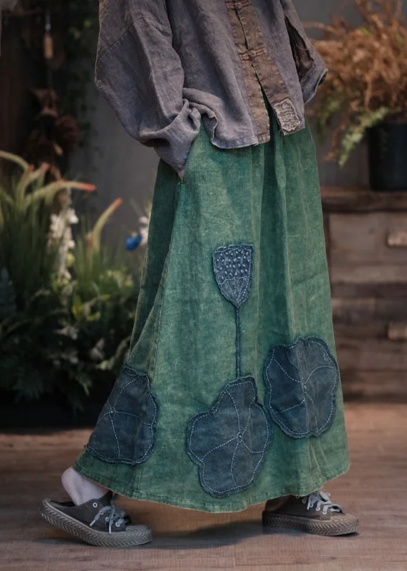 Boho Green Pockets Patch Patchwork Linen Skirt Spring chiffon skirt flowing