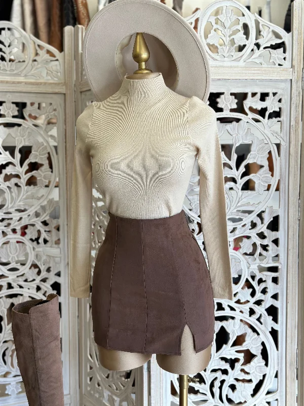 Brown Slit Suede Mini Skirt denim skirt durable