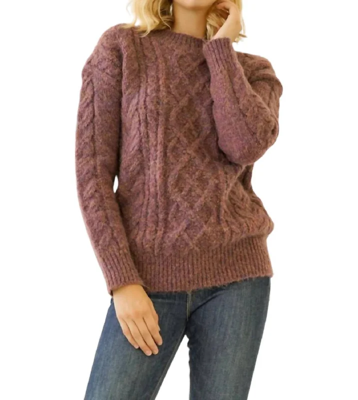 Cable Knit Sweater In Brown Herringbone Houndstooth Plaid